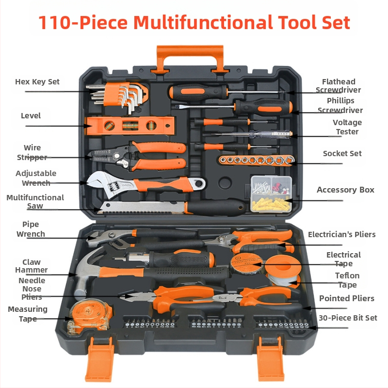 Σετ εργαλείων με 110 τεμάχια σε κουτί, για οικιακές εγκαταστάσεις, υδραυλικά, ηλεκτρολογία και ξυλουργικές επισκευές (Μάρκα: Fred; Υλικά: PP, TPR, χάλυβας άνθρακα)