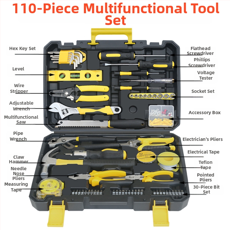 Σετ εργαλείων με 110 τεμάχια σε κουτί, για οικιακές εγκαταστάσεις, υδραυλικά, ηλεκτρολογία και ξυλουργικές επισκευές (Μάρκα: Fred; Υλικά: PP, TPR, χάλυβας άνθρακα)