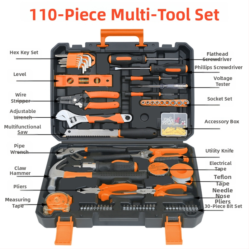 Σετ εργαλείων με 110 τεμάχια σε κουτί, για οικιακές εγκαταστάσεις, υδραυλικά, ηλεκτρολογία και ξυλουργικές επισκευές (Μάρκα: Fred; Υλικά: PP, TPR, χάλυβας άνθρακα)