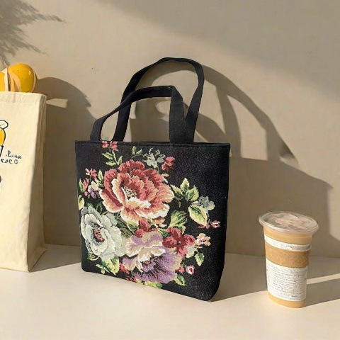 Geantă din pânză Jacquard brodată, geantă de umăr pentru utilizare zilnică; stil: trend național nou; formă orizontală pătrată; fermoar; căptușeală din poliester; curele duble