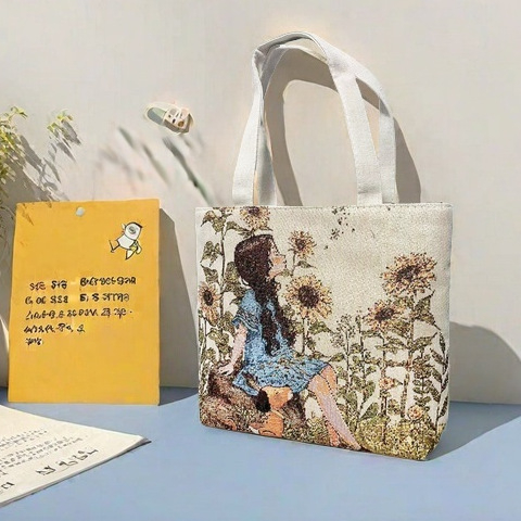 Geantă din pânză Jacquard brodată, geantă de umăr pentru utilizare zilnică; stil: trend național nou; formă orizontală pătrată; fermoar; căptușeală din poliester; curele duble