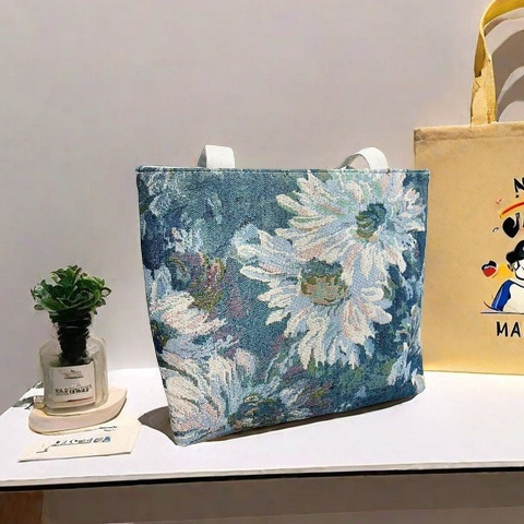 Geantă din pânză Jacquard brodată, geantă de umăr pentru utilizare zilnică; stil: trend național nou; formă orizontală pătrată; fermoar; căptușeală din poliester; curele duble