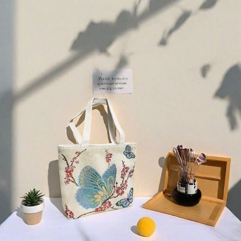 Geantă din pânză Jacquard brodată, geantă de umăr pentru utilizare zilnică; stil: trend național nou; formă orizontală pătrată; fermoar; căptușeală din poliester; curele duble