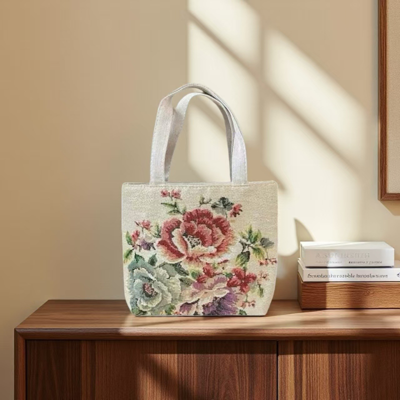 Geantă din pânză Jacquard brodată, geantă de umăr pentru utilizare zilnică; stil: trend național nou; formă orizontală pătrată; fermoar; căptușeală din poliester; curele duble