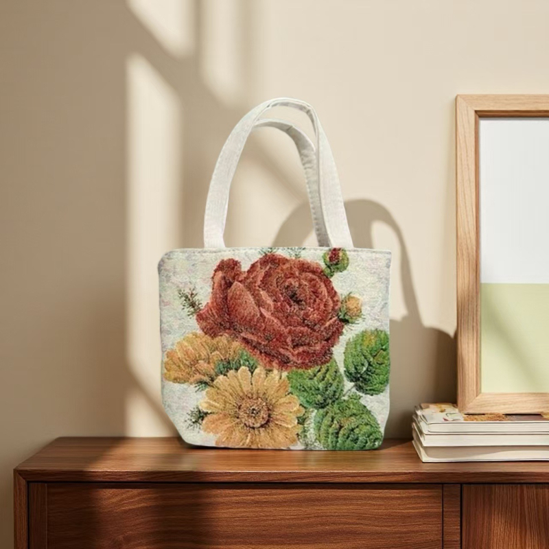 Geantă din pânză Jacquard brodată, geantă de umăr pentru utilizare zilnică; stil: trend național nou; formă orizontală pătrată; fermoar; căptușeală din poliester; curele duble