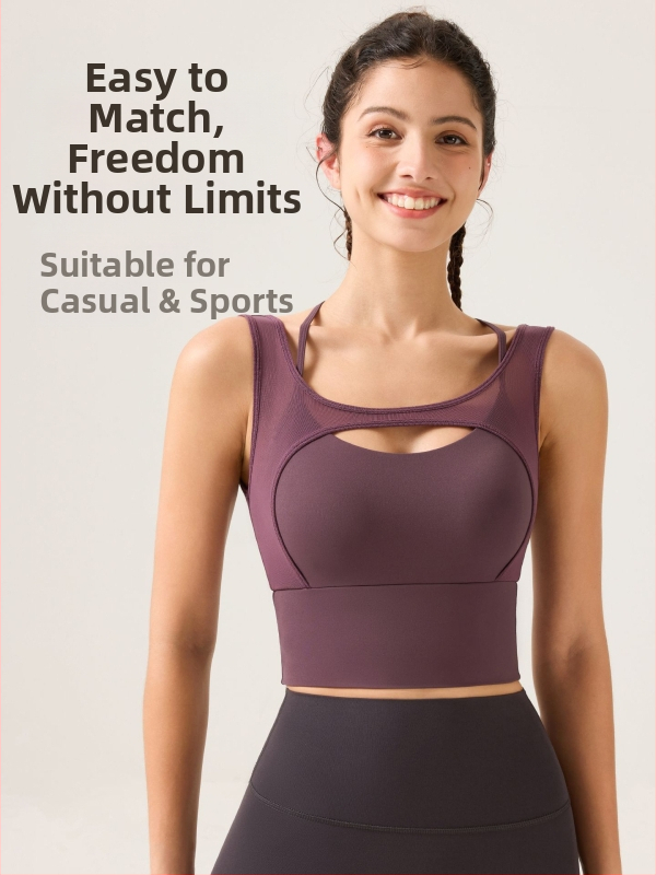 Sporta krūšturis ar dziļu V formu, nude sajūta, tīkla audums, krusto mugura, mitruma vadīšana, 81% neilons + 19% spandekss, fiksēti kausi