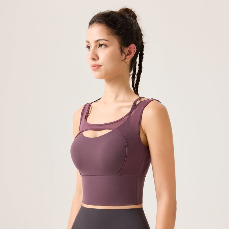 Αθλητικό σουτιέν με βαθύ V και nude αίσθηση, διαφανές δίχτυ, διακοσμητικό πίσω, απομάκρυνση υγρασίας, ύφασμα νάιλον/σπαντέξ, ενισχυμένες cups