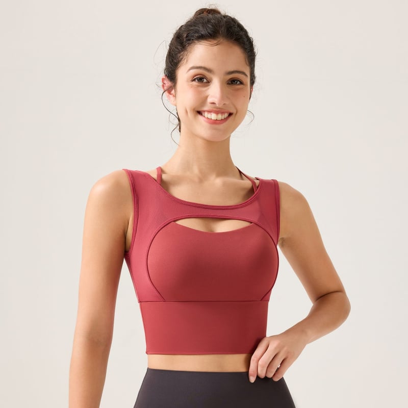 Αθλητικό σουτιέν με βαθύ V και nude αίσθηση, διαφανές δίχτυ, διακοσμητικό πίσω, απομάκρυνση υγρασίας, ύφασμα νάιλον/σπαντέξ, ενισχυμένες cups