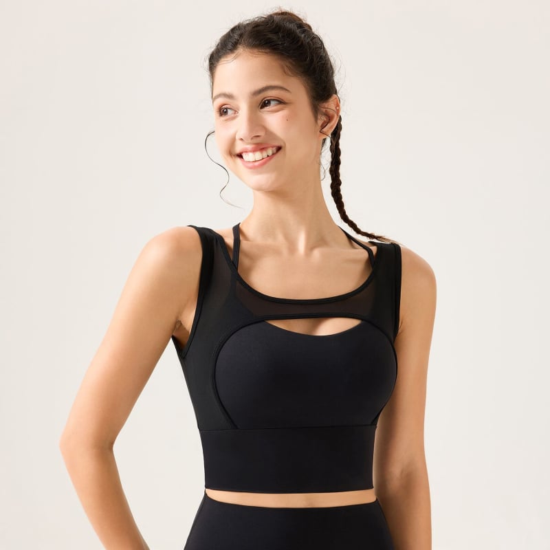 Αθλητικό σουτιέν με βαθύ V και nude αίσθηση, διαφανές δίχτυ, διακοσμητικό πίσω, απομάκρυνση υγρασίας, ύφασμα νάιλον/σπαντέξ, ενισχυμένες cups