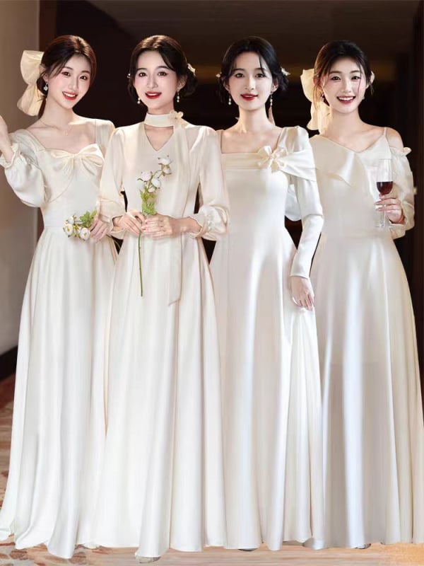 Шампанено сатенено рокля за шаферки, дълъг ръкав; А-линия; квадратно деколте; полиестер със спандекс (≤30%); 2025 есенно-зимна колекция