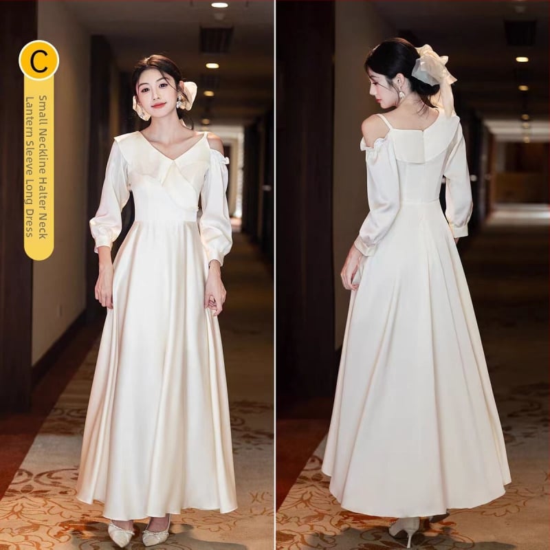 Шампанено сатенено рокля за шаферки, дълъг ръкав; А-линия; квадратно деколте; полиестер със спандекс (≤30%); 2025 есенно-зимна колекция