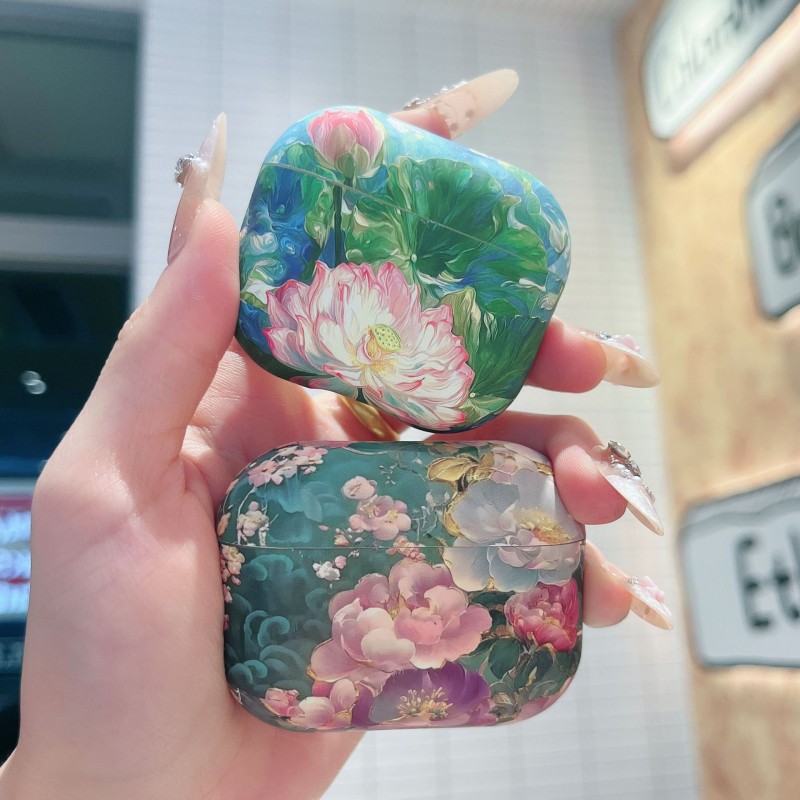 Zaštitna maska AirPods Pro s dizajnom retro uljne slike cvijeća, tvrdi kućište, PC materijal, ispis toplinskim prijenosom, karikatura motiva, kompatibilan Apple