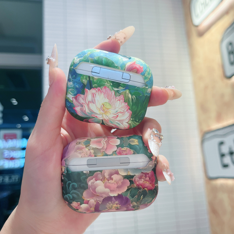 Zaštitna maska AirPods Pro s dizajnom retro uljne slike cvijeća, tvrdi kućište, PC materijal, ispis toplinskim prijenosom, karikatura motiva, kompatibilan Apple