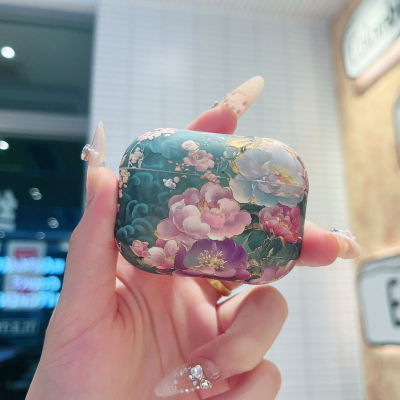 Zaštitna maska AirPods Pro s dizajnom retro uljne slike cvijeća, tvrdi kućište, PC materijal, ispis toplinskim prijenosom, karikatura motiva, kompatibilan Apple