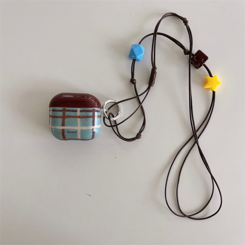 Θήκη προστασίας AirPods με ρετρό καρό λουράκι — PC υλικό, ανάγλυφη μαλακή θήκη, καθολικά συμβατή με Apple