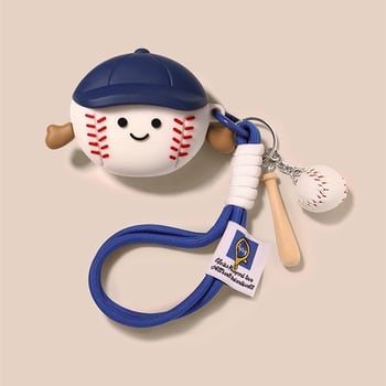 Θήκη προστασίας AirPods 4, μαλακό σιλικόον, ανάγλυφος σχεδιασμός καρτούν, μπέιζμπολ μοτίβ, με λουρί