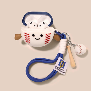 Θήκη προστασίας AirPods 4, μαλακό σιλικόον, ανάγλυφος σχεδιασμός καρτούν, μπέιζμπολ μοτίβ, με λουρί