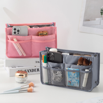 Τσαντάκι καλλυντικών με εσωτερικός διαχωριστής, διπλό φερμουάρ, σχεδιασμένος για χέρι, πολυεστέρας, ταξιδιωτικό μακιγιάζ.