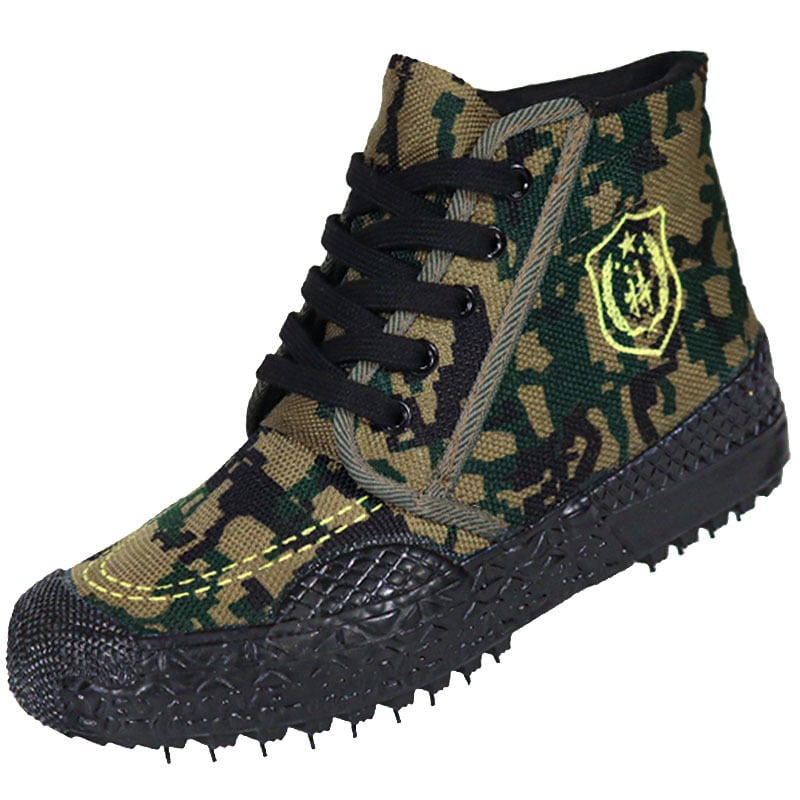 Pantofi de lucru înalți de protecție, anti-derapare, rezistenți la uzură, absorbție a șocurilor, model camuflaj, exterior din pânză, talpă din cauciuc, șireturi, Unisex