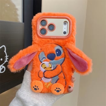 Husă pentru telefon din pluș cu Stitch brodat și suport – lucrată manual, stil desen animat drăguț, protecție anti-cădere, pentru seria iPhone 11–17
