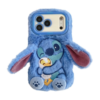 Husă pentru telefon din pluș cu Stitch brodat și suport – lucrată manual, stil desen animat drăguț, protecție anti-cădere, pentru seria iPhone 11–17