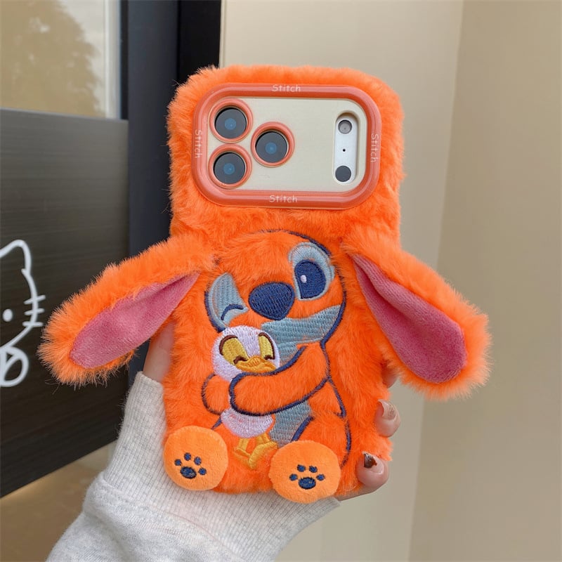 Husă pentru telefon din pluș cu Stitch brodat și suport – lucrată manual, stil desen animat drăguț, protecție anti-cădere, pentru seria iPhone 11–17