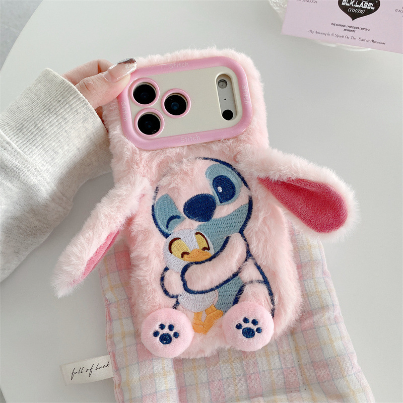Husă pentru telefon din pluș cu Stitch brodat și suport – lucrată manual, stil desen animat drăguț, protecție anti-cădere, pentru seria iPhone 11–17