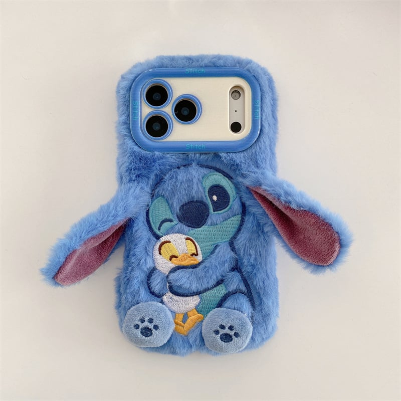 Husă pentru telefon din pluș cu Stitch brodat și suport – lucrată manual, stil desen animat drăguț, protecție anti-cădere, pentru seria iPhone 11–17