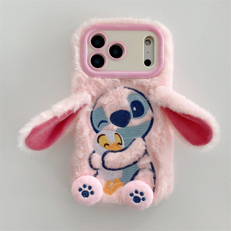 Husă pentru telefon din pluș cu Stitch brodat și suport – lucrată manual, stil desen animat drăguț, protecție anti-cădere, pentru seria iPhone 11–17