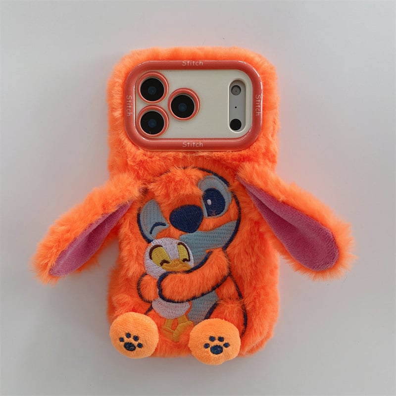 Husă pentru telefon din pluș cu Stitch brodat și suport – lucrată manual, stil desen animat drăguț, protecție anti-cădere, pentru seria iPhone 11–17