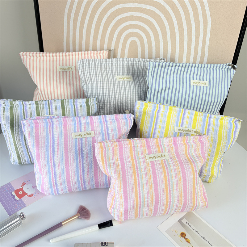 MAYRABBIT Geantă de machiaj cu dungi – capacitate mare, pliabilă, poliester cu căptușeală din pânză, pentru femei