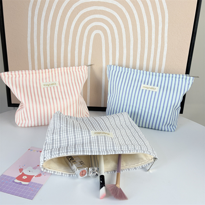 MAYRABBIT Geantă de machiaj cu dungi – capacitate mare, pliabilă, poliester cu căptușeală din pânză, pentru femei