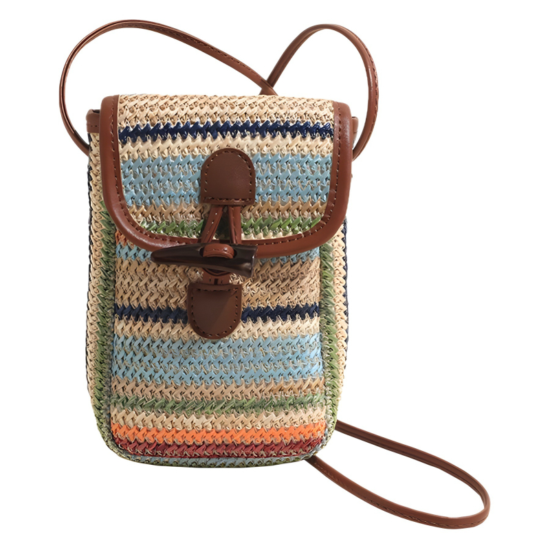 Dongcan szalmából készült telefon táska, függőleges négyzetes forma, záró mechanizmus, belső sötét hálós szerkezet, városi minimalist stílus, 2024 nyár