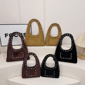 Velúr anyagú alkar-táska szegecsekkel, vízszintes négyszögletes forma, mágneses záródás, belső telefontartó zseb, poliészter bélés, egy vállpánt, nőknek, nagy kapacitás, európai-amerikai stílus, tél 2025