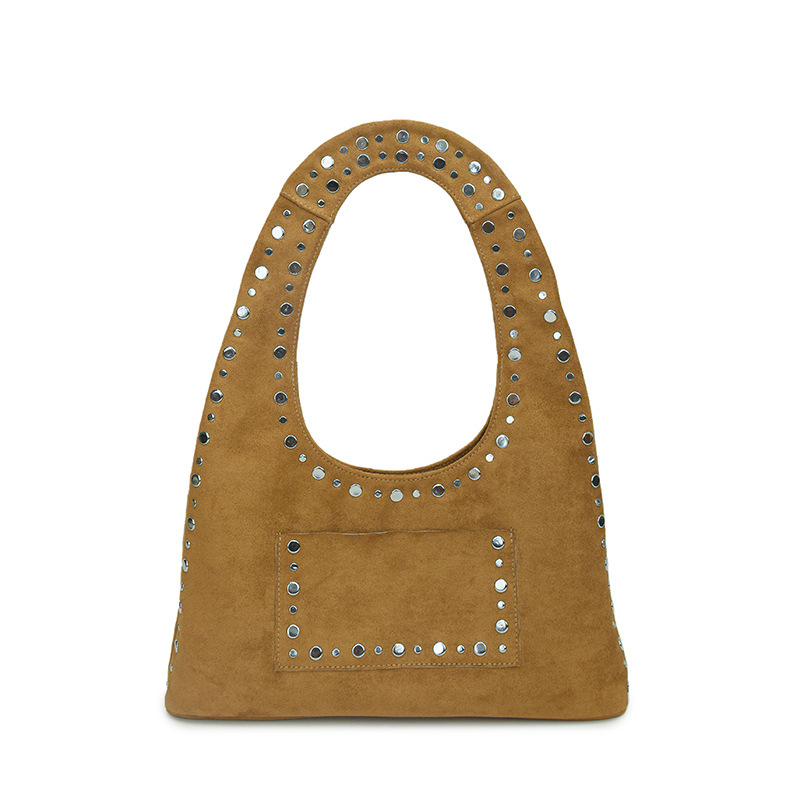 Velúr anyagú alkar-táska szegecsekkel, vízszintes négyszögletes forma, mágneses záródás, belső telefontartó zseb, poliészter bélés, egy vállpánt, nőknek, nagy kapacitás, európai-amerikai stílus, tél 2025