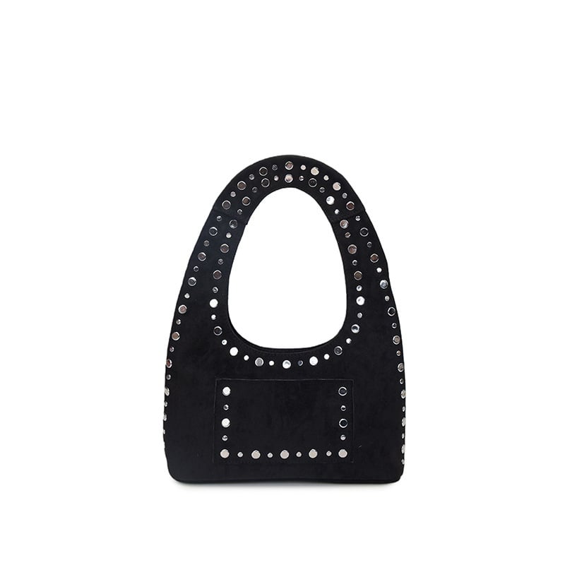 Velúr anyagú alkar-táska szegecsekkel, vízszintes négyszögletes forma, mágneses záródás, belső telefontartó zseb, poliészter bélés, egy vállpánt, nőknek, nagy kapacitás, európai-amerikai stílus, tél 2025