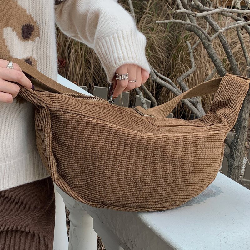Lan Yi Corduroy Dumpling Tote sa zipom, podstava od poliester-cotton, unutarnja džep sa zipom, jedna naramenica (Zima 2025)