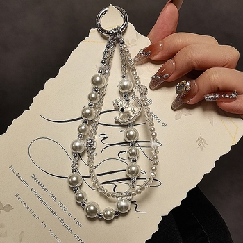 Mobilný telefónny lanyard – ručne vyrobený, perly a kryštály, dvojitý reťaz, PVC šnúra, kovová spona