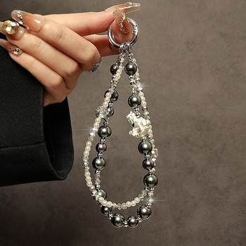 Mobilný telefónny lanyard – ručne vyrobený, perly a kryštály, dvojitý reťaz, PVC šnúra, kovová spona