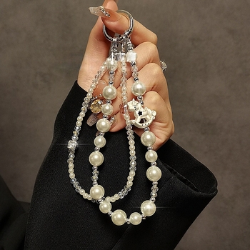 Mobilný telefónny lanyard – ručne vyrobený, perly a kryštály, dvojitý reťaz, PVC šnúra, kovová spona