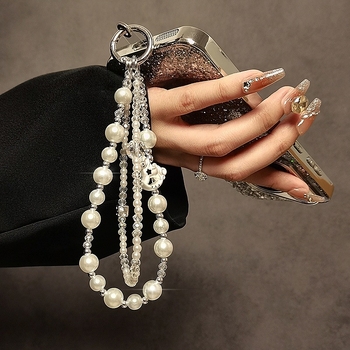 Mobilný telefónny lanyard – ručne vyrobený, perly a kryštály, dvojitý reťaz, PVC šnúra, kovová spona