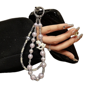 Mobilný telefónny lanyard – ručne vyrobený, perly a kryštály, dvojitý reťaz, PVC šnúra, kovová spona