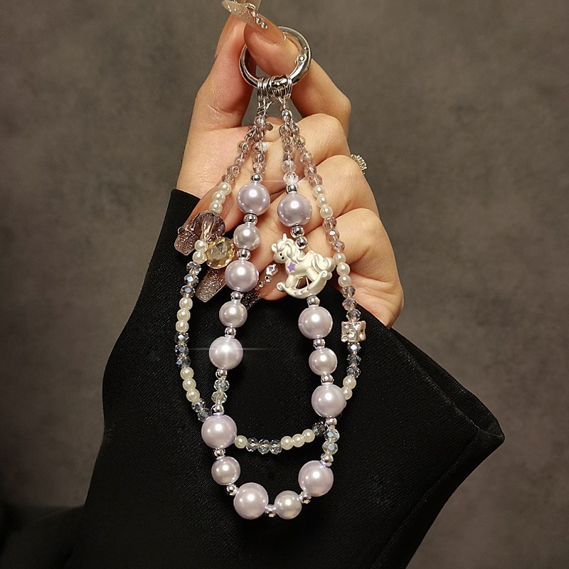 Mobilný telefónny lanyard – ručne vyrobený, perly a kryštály, dvojitý reťaz, PVC šnúra, kovová spona