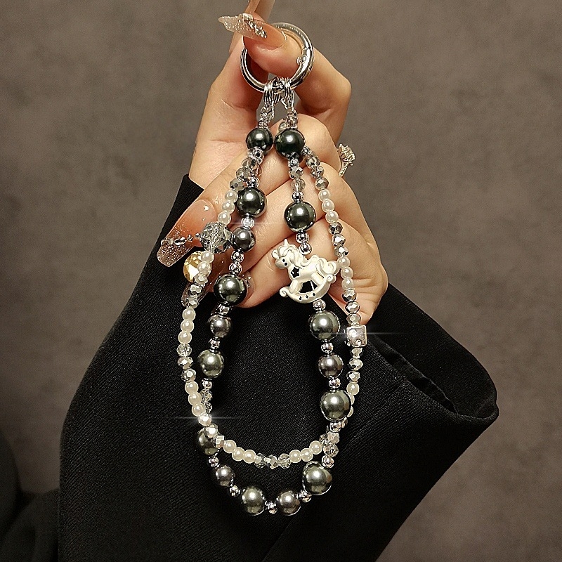 Mobilný telefónny lanyard – ručne vyrobený, perly a kryštály, dvojitý reťaz, PVC šnúra, kovová spona