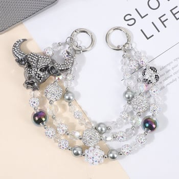 Telefónny šnúr s ručne navlečenými korálkami zo zliatiny, prívesok lebky zliatiny, viacvrstvový reťaz, jemný oceľový drôt