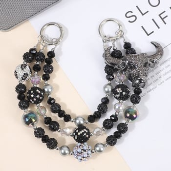 Telefónny šnúr s ručne navlečenými korálkami zo zliatiny, prívesok lebky zliatiny, viacvrstvový reťaz, jemný oceľový drôt