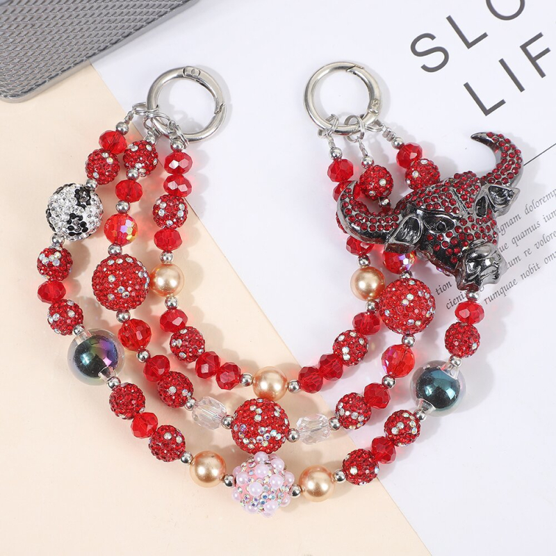 Telefónny šnúr s ručne navlečenými korálkami zo zliatiny, prívesok lebky zliatiny, viacvrstvový reťaz, jemný oceľový drôt