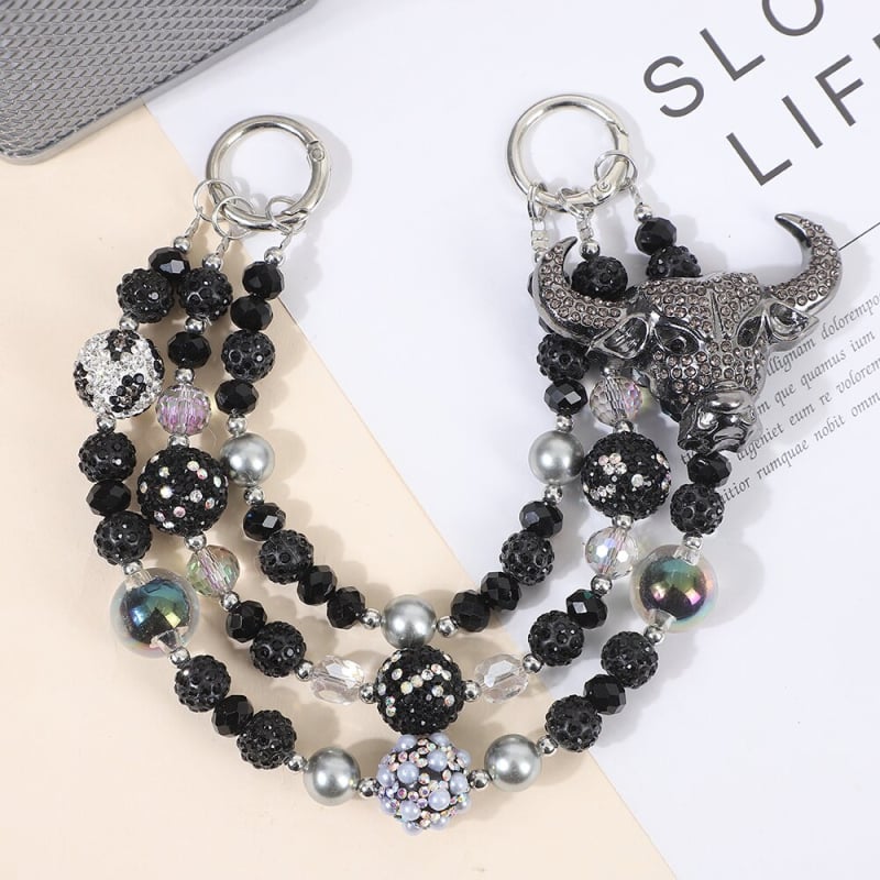 Telefónny šnúr s ručne navlečenými korálkami zo zliatiny, prívesok lebky zliatiny, viacvrstvový reťaz, jemný oceľový drôt