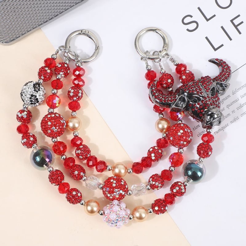 Telefónny šnúr s ručne navlečenými korálkami zo zliatiny, prívesok lebky zliatiny, viacvrstvový reťaz, jemný oceľový drôt