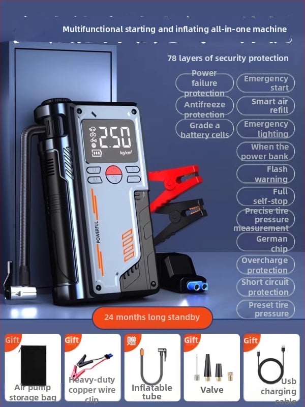 Autóba felfújó és vészenergiaforrás – Újratölthető, 12V, 220W, 30 L/perc, Digitális kijelző